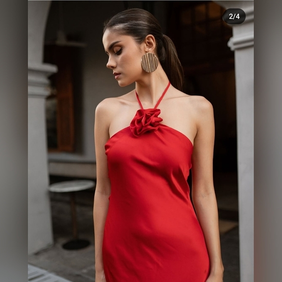 WAYF-NWOT The Adele Rosette Satin Gown in Red - Picture 4 of 9